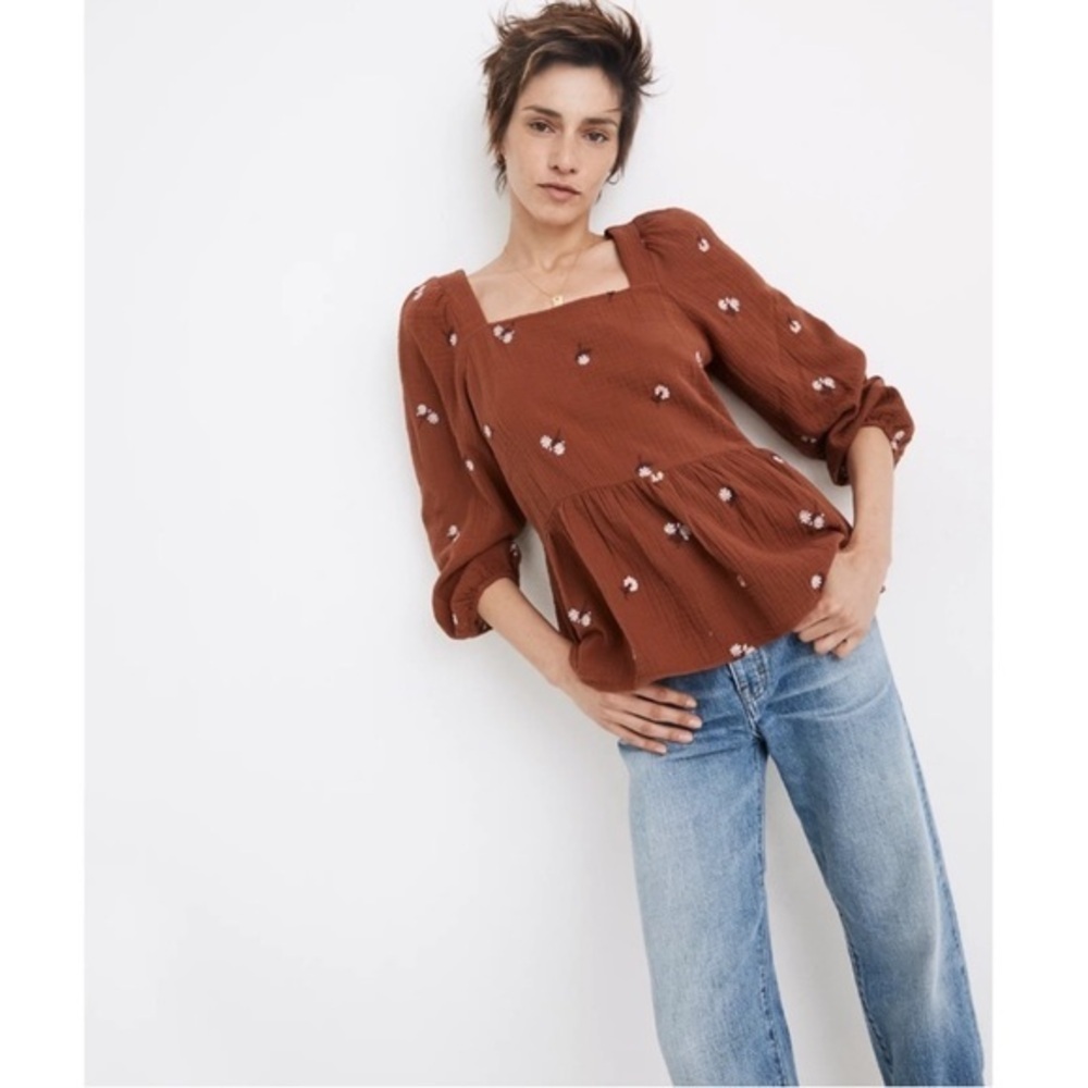 Madewell Rust Brown Square-Neck Puff Sleeve Floral Blouse